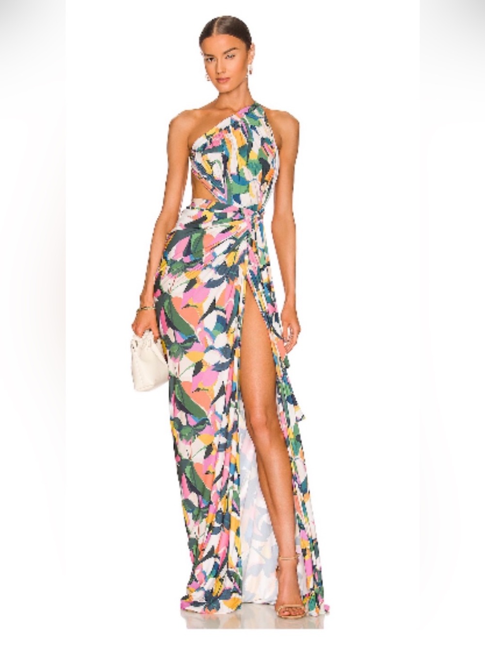 REVOLVE One-Shoulder Tropical Print Maxi Dress in pink, green, yellow, blue